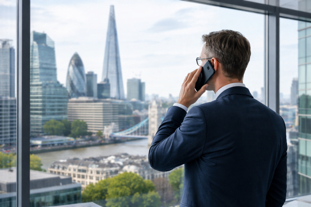 Man talking on the phone while looking at the London Skyline