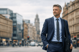 Confident businessman in Glasgow city centre with historic and modern architecture in soft focus