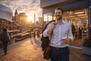 Man Leaving work after a day in the office in Birmingham