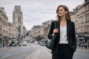 Woman walking in work outfit in Bristol